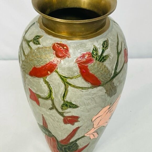 chinese cloisonne brass enamel Vase Gray Floral Birds 7.5" Very Good condition - - Picture 5 of 7